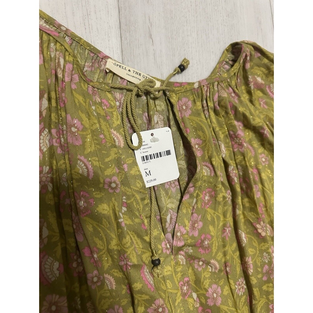 NWT FREE PEOPLE Spell & The Gypsy Dahlia Tunic Floral Dress Sz M Gold Stripe - Picture 5 of 6